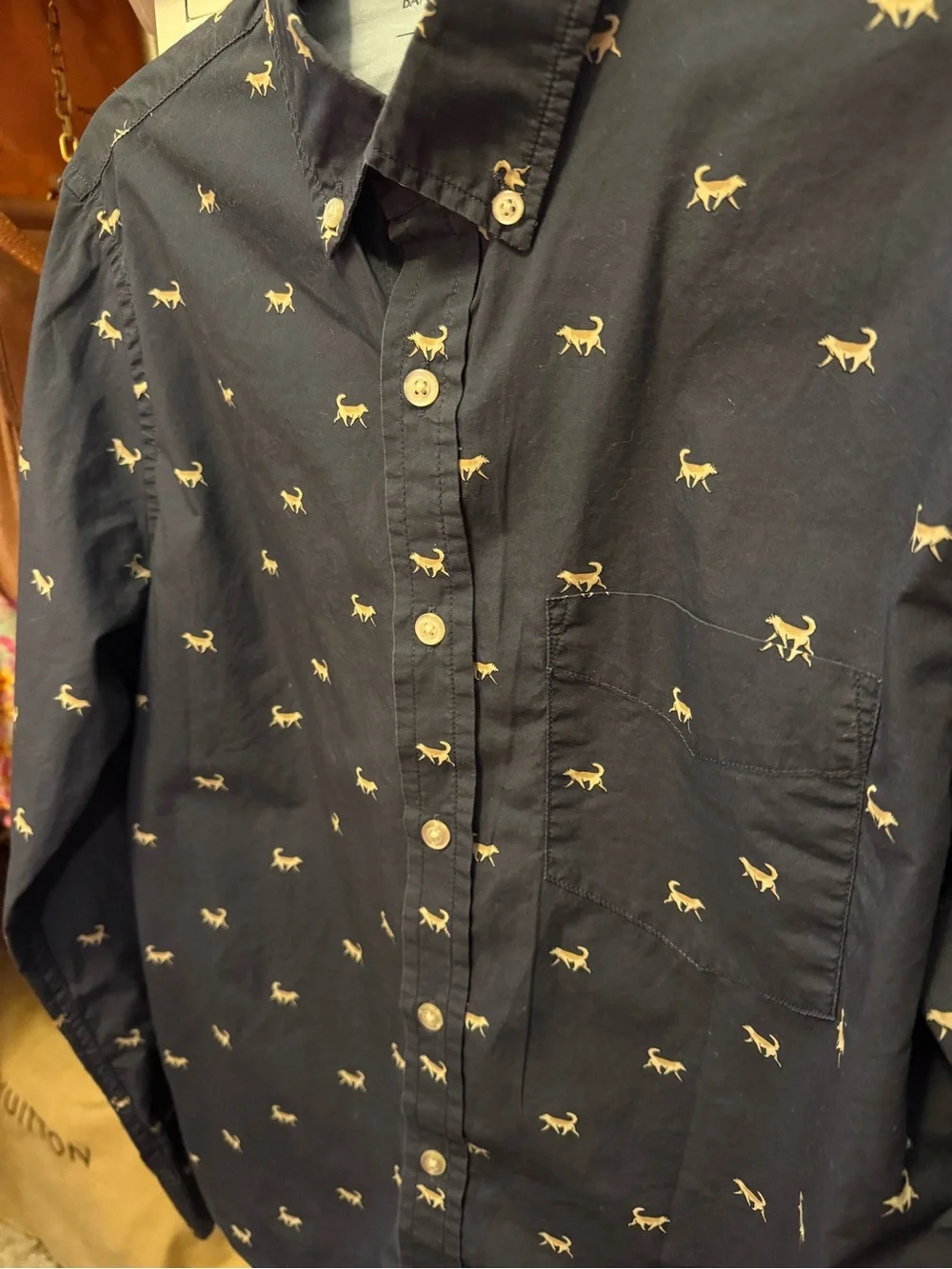 Men’s Banana Republic Navy Blue/Dog Print, Poplin Long Sleeve Button-Down Shirt